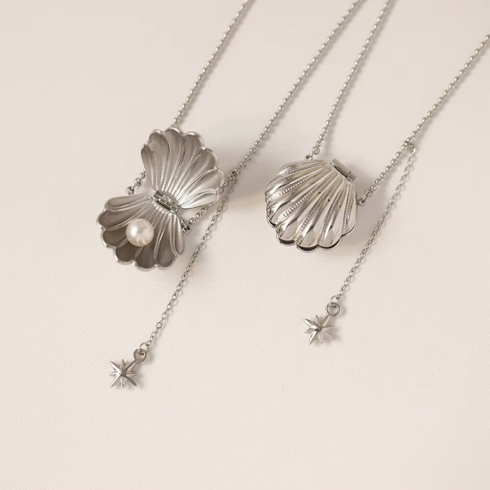 Silver Seashell Pearl Pendant Necklace Locket with Star Charm Ocean Jewelry Gift